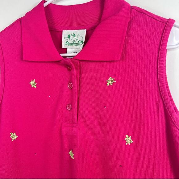 The Quacker Factory New Pink Green Turtle Print Collared Sleeveless Polo Top L - Picture 4 of 10